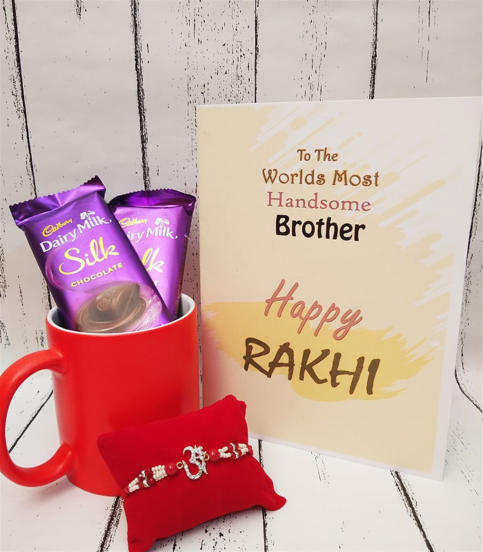 Maroon Fancy OM Rakhi with Handcrafted Card