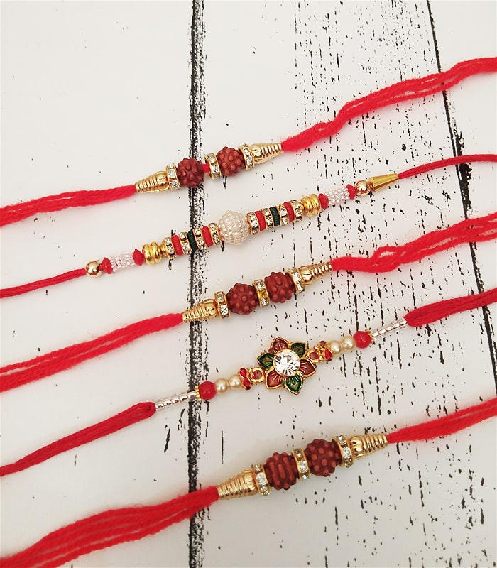 Stone Studded, Beads and Meena Set of 5 Rakhis