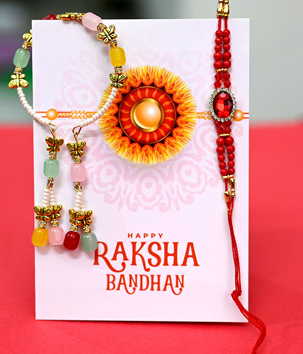 Classy Red Stone Rakhi with Lumba rakhi and Card