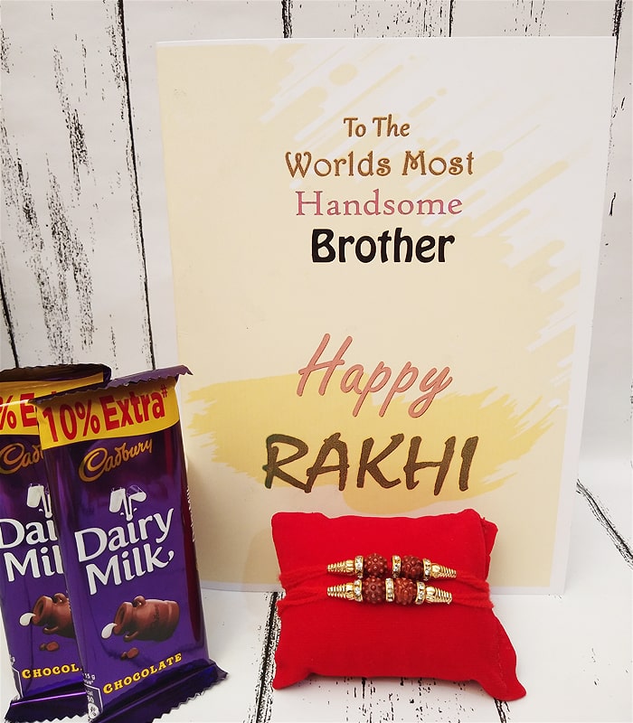 Stone Embedded Premium Rakhi with Handcrafted Card and Chocolates
