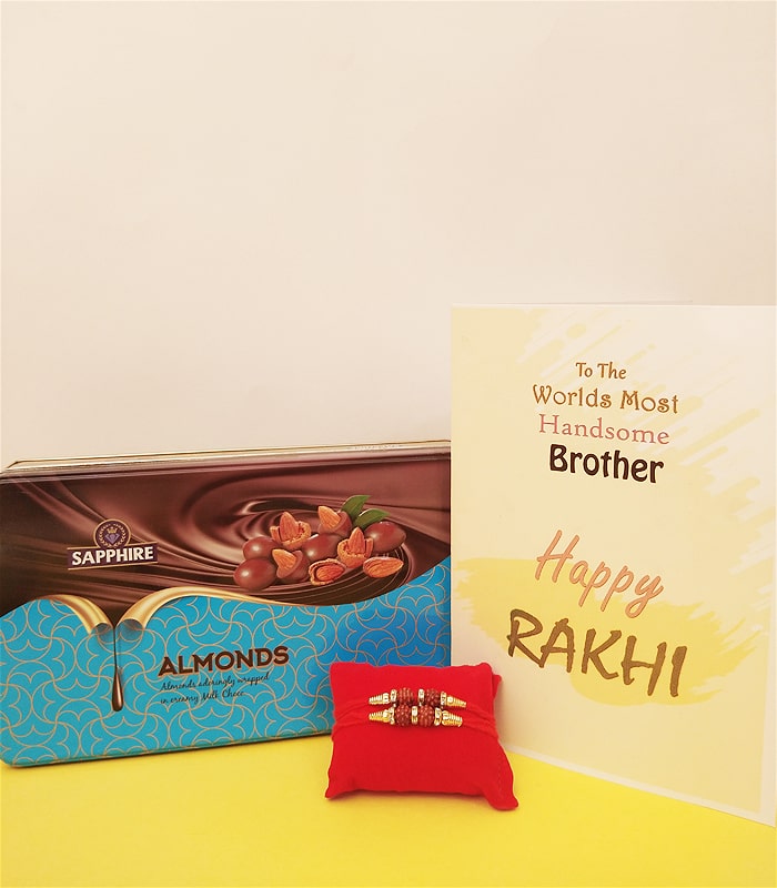 Rudraksh Rakhi Set with Almonds wrapped milk choco