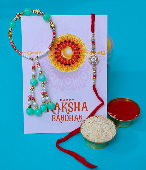 Beautiful Sea Green beads Lumba rakhi Set with Card
