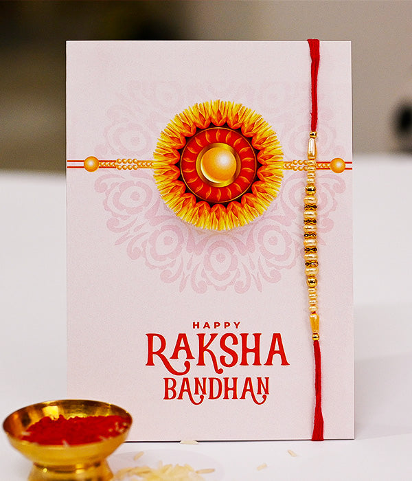 Beautiful White Beads Rakhi With Greeting Card